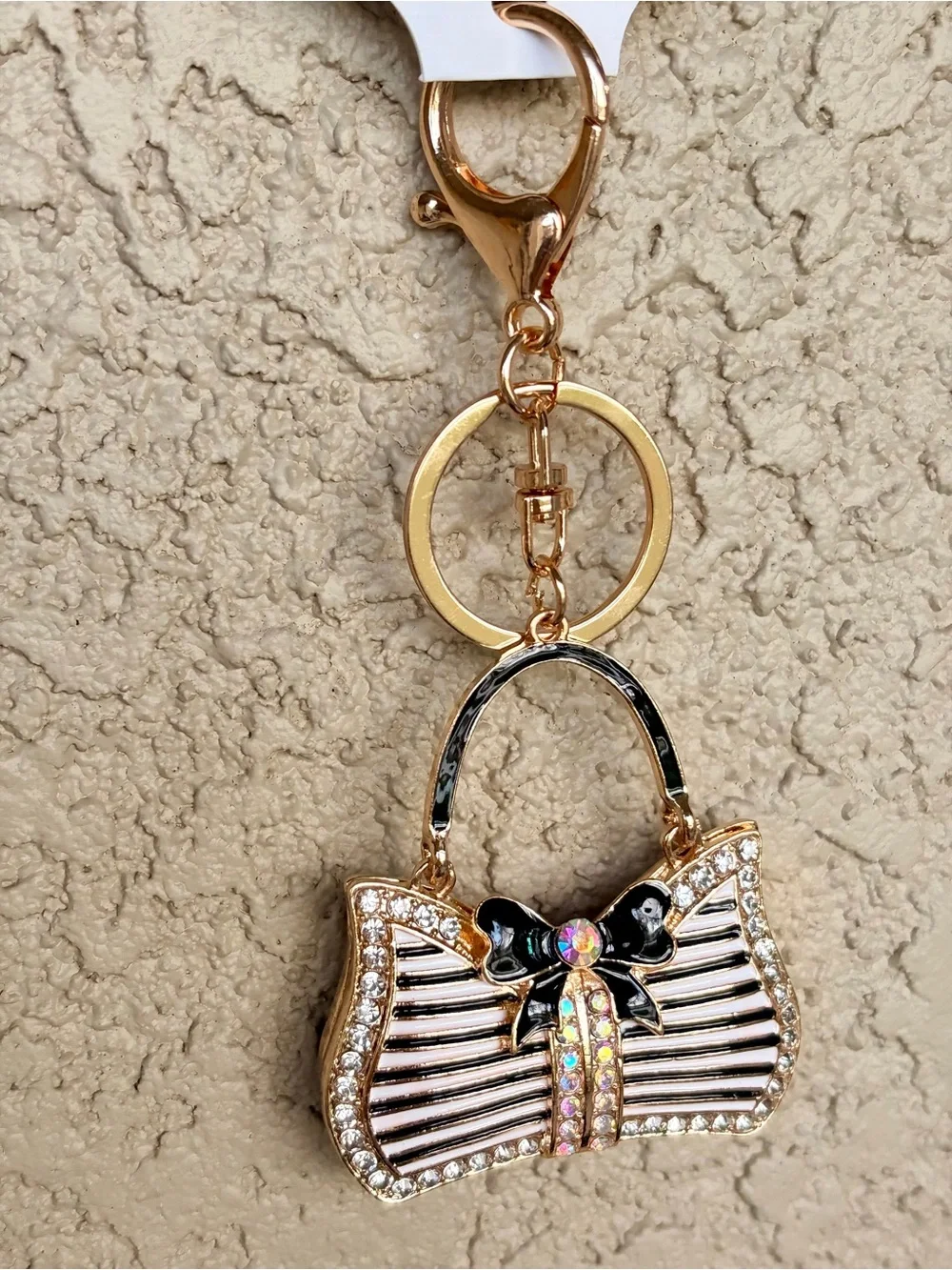 Posh Gold-tone Rhinestone Black & White Striped Purse Keychain